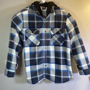 Quiksilver Sherpa Hooded Flannel Jacket Blue Gray Plaid Men’s XL Fleece Lined